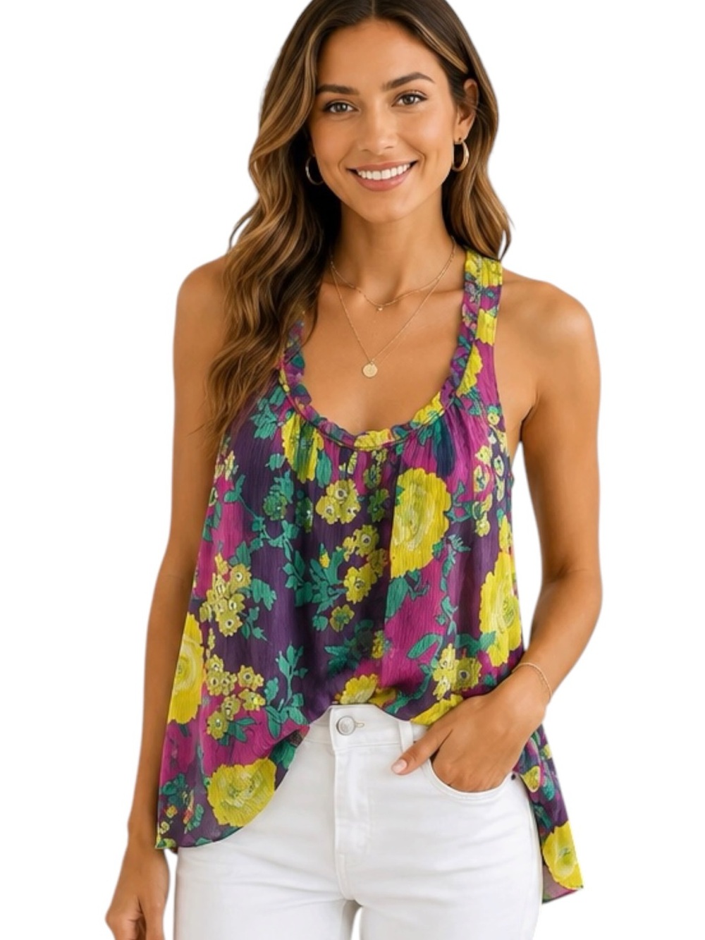 Ella Moss | Floral Racerback Tank Boho Crinkle Chiffon Size M EUC